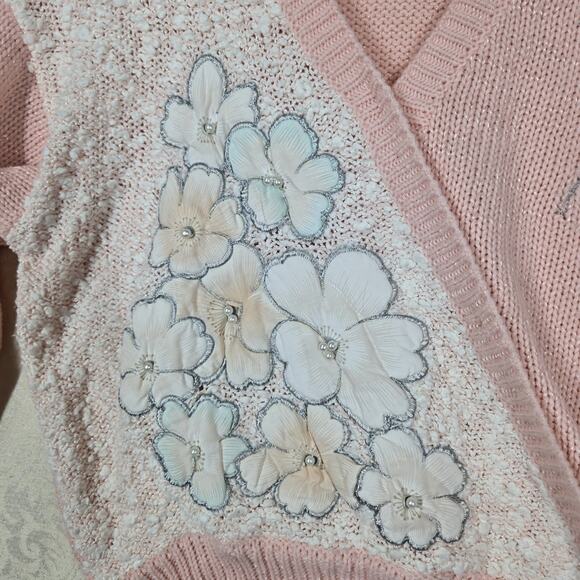 VTG Jaclyn Smith Sweater sz L Pink Embroidered Floral Pearl Embellished Feminine - Picture 5 of 16
